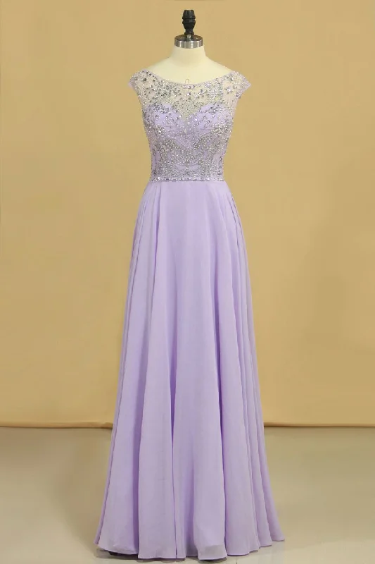 2024 Prom Dresses A-Line Scoop Floor-Length Chiffon Beaded Bodice