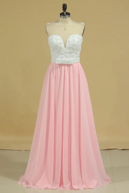 2024 New Arrival Prom Dresses Scoop A Line Chiffon With Beading Sweep Train