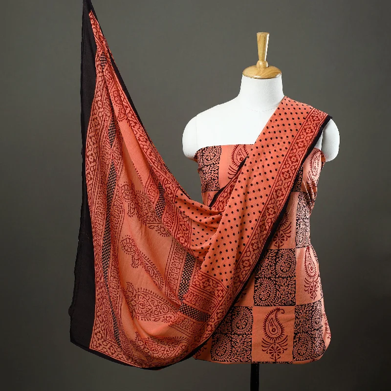 Orange - 3pc Natural Dyed Cotton Bagh Print Dress Material 17