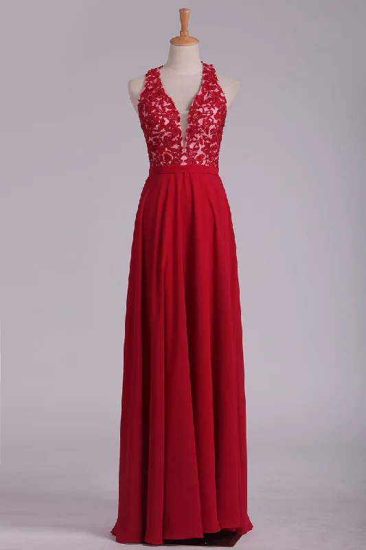 2024 V Neck Prom Dresses A Line Chiffon With Applique And Beads Open Back Floor Length