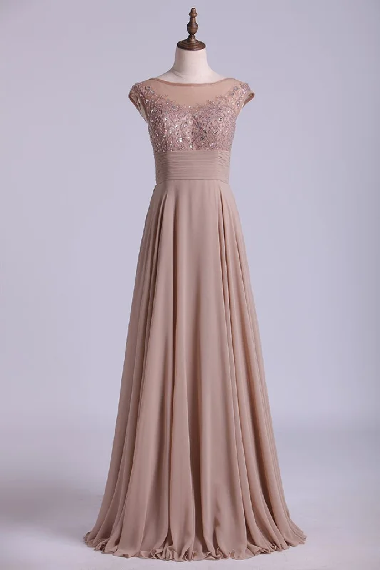 2024 Bateau A-Line Prom Dresses Chiffon With Beads And Applique Floor Length