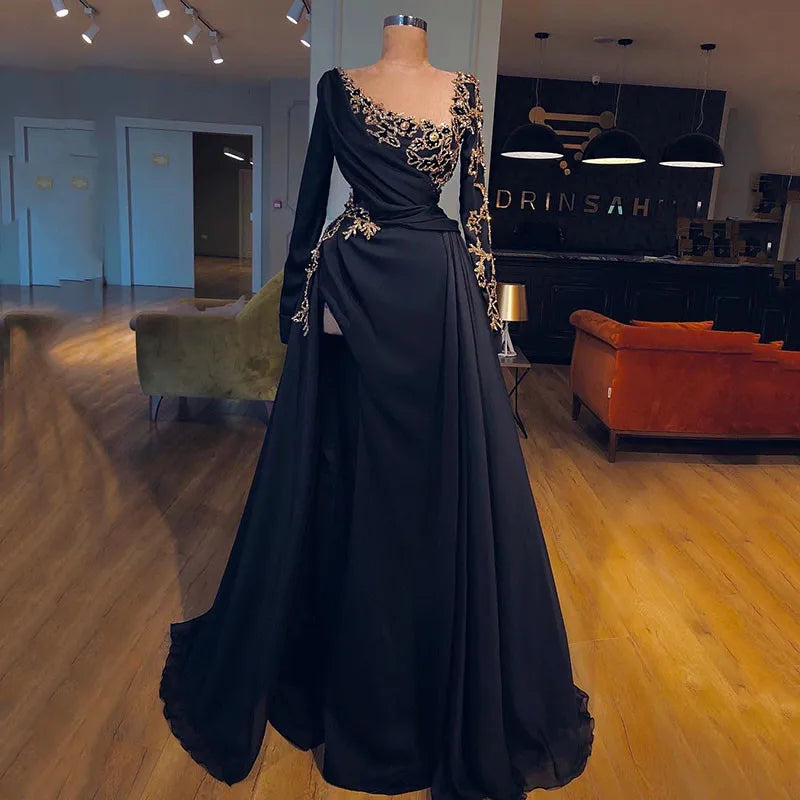 Zjkrl  -  Arabic A Line Evening Dress Long Sleeves Morocco Satin High Split Lace Appliques Prom Dresses Long Women Party Gown