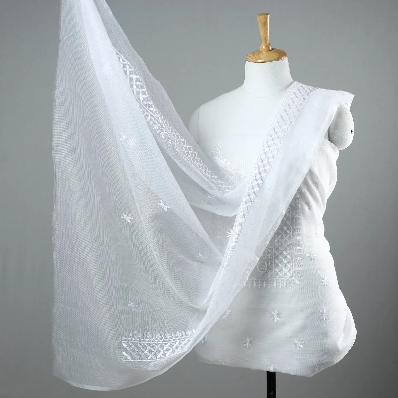 White - 3pc Cotton Embroidered Kota Doria Dress Material 10