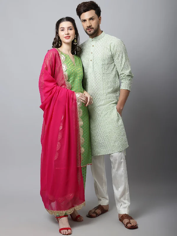 Sahiba Green Brocade Kurti With Straight Palazzo and Magenta Georgette Dupatta with Pista Green Chikankari Mens Kurta Pajama Couple Matching Dress