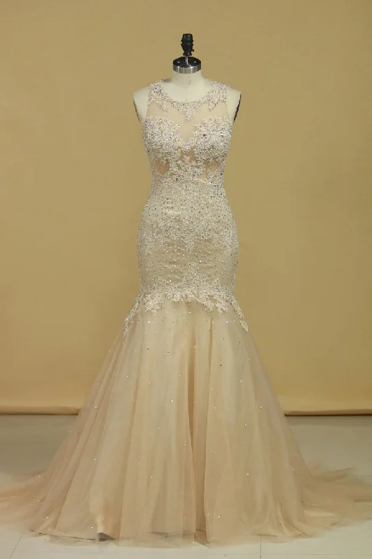 2024 Plus Size See-Through Scoop Mermaid Prom Dresses Tulle With Applique And Beads