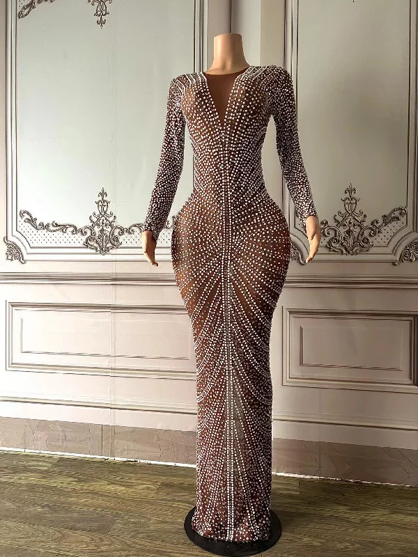 Zjkrl Gray White Full Rhinestones Evening Long Sleeves Dress Birthday Celebrate Stage Wear Performance Dancer Singer Show plus size