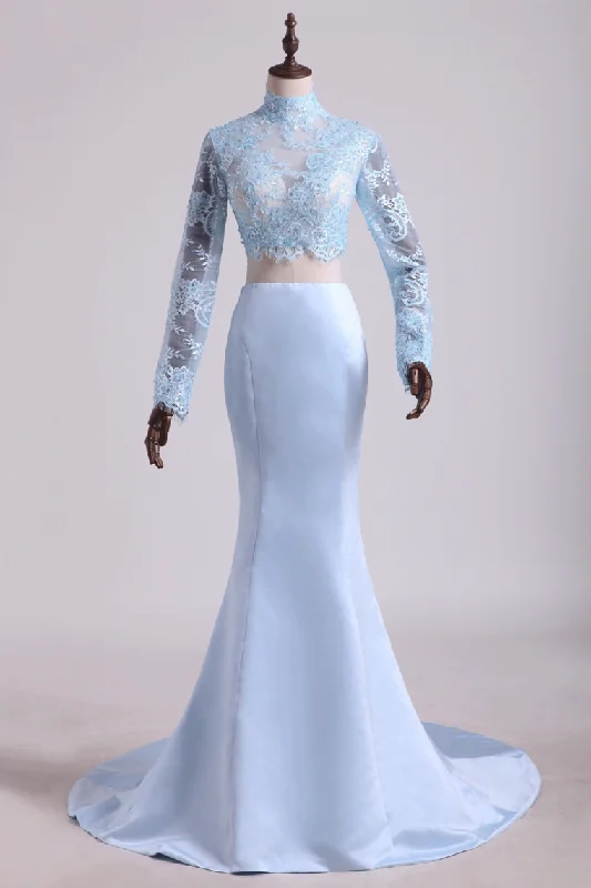 2024 Two Pieces Prom Dresses Mermaid Spandex & Tulle With Applique Light Sky Blue