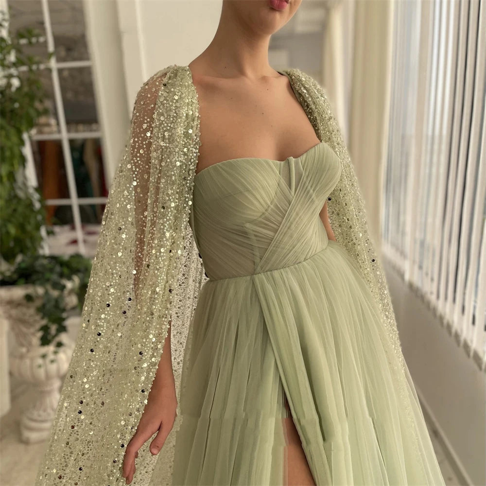 Zjkrl  -  Sage Green A-Line Prom Dresses With Glitter Sequin Lace Cape Sweetheart High Slit Tulle Evening Gowns Formal Party Gown