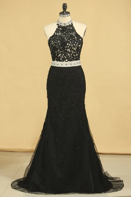 2024 Black Plus Size Prom Dresses Mermaid High Neck Open Back Tulle With Applique & Rhinestones