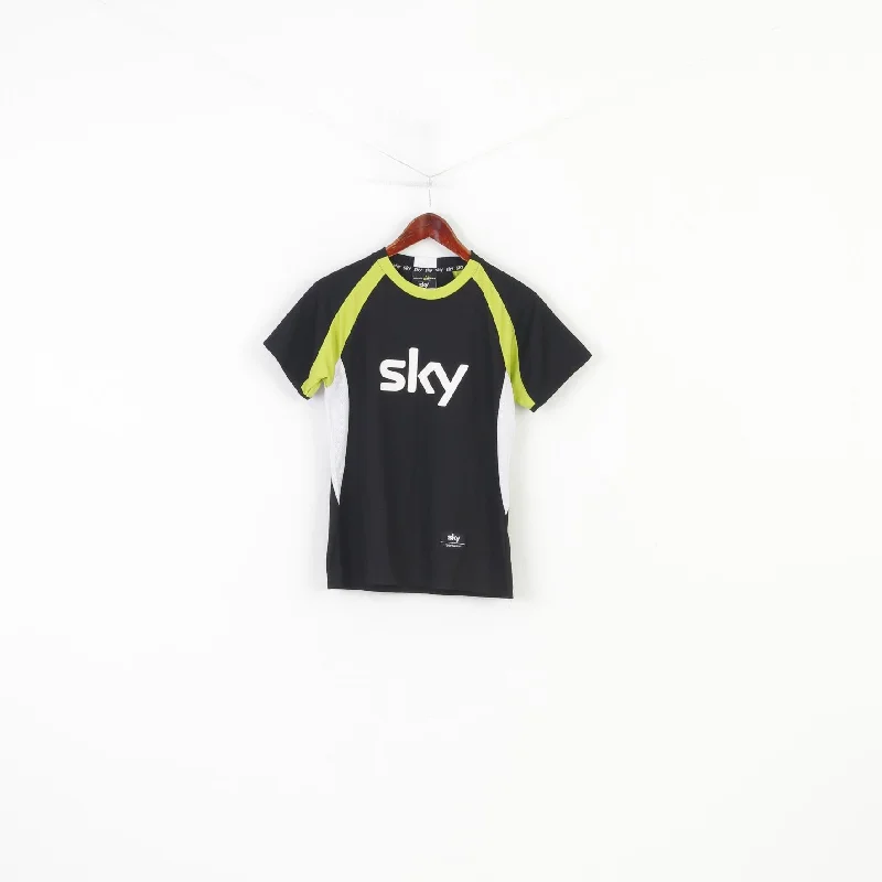 3 Stars Women 36 T-Shirt SKY Black Mesh Sport Crew Neck Stretch Vintage Top Silk Blend Satin Velvet