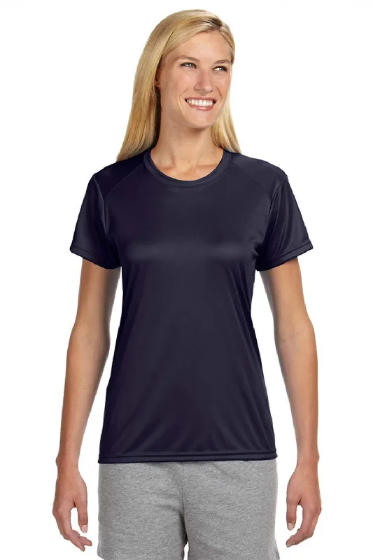 A4 Womens Performance Moisture Wicking Short Sleeve Crewneck T-Shirt - Navy Blue Denim Fabric Leather Fabric Suede Fabric