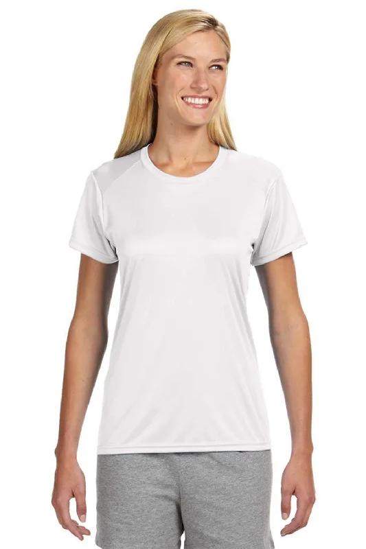 A4 Womens Performance Moisture Wicking Short Sleeve Crewneck T-Shirt - White Print Jacquard Patchwork