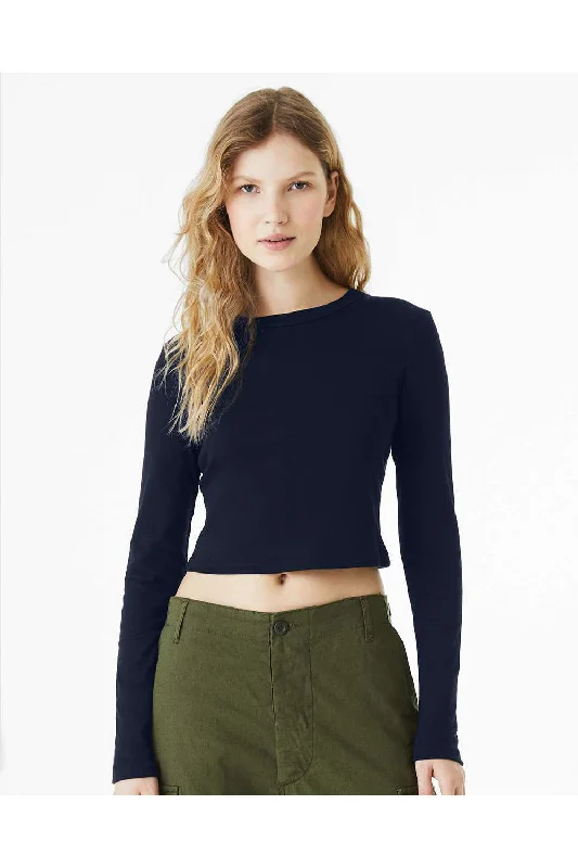 Bella + Canvas Womens Micro Rib Long Sleeve Crewneck T-Shirt - Solid Navy Blue Blend Machine Wash Dry Clean Hand Wash