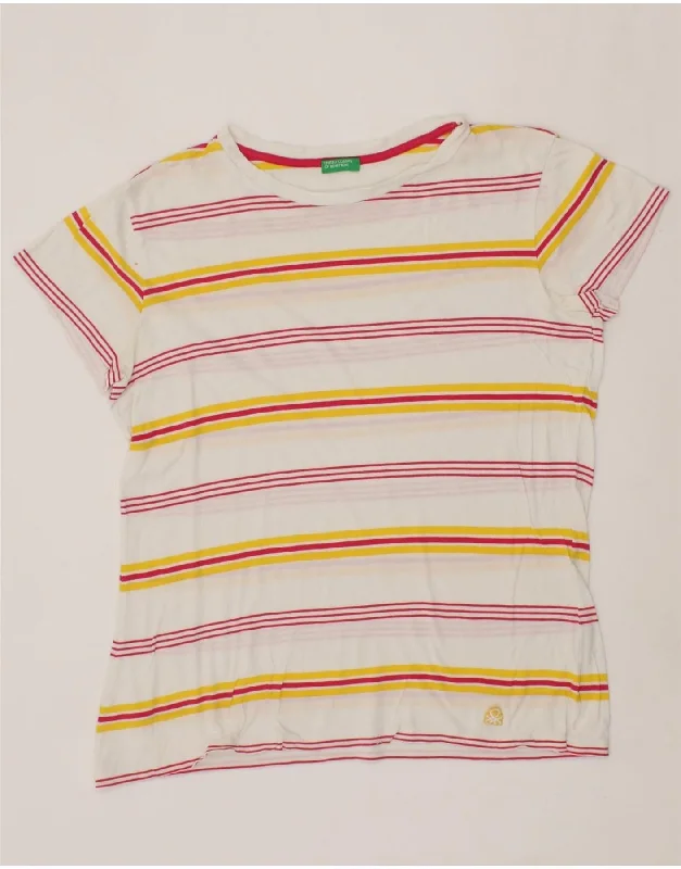 BENETTON Womens T-Shirt Top UK 14 Large White Striped Cotton Asymmetrical Pockets Print