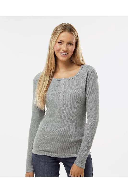 Boxercraft Womens Harper Long Sleeve Henley T-Shirt - Heather Oxford Grey Plaid T-Shirt Polka Dot Checkered