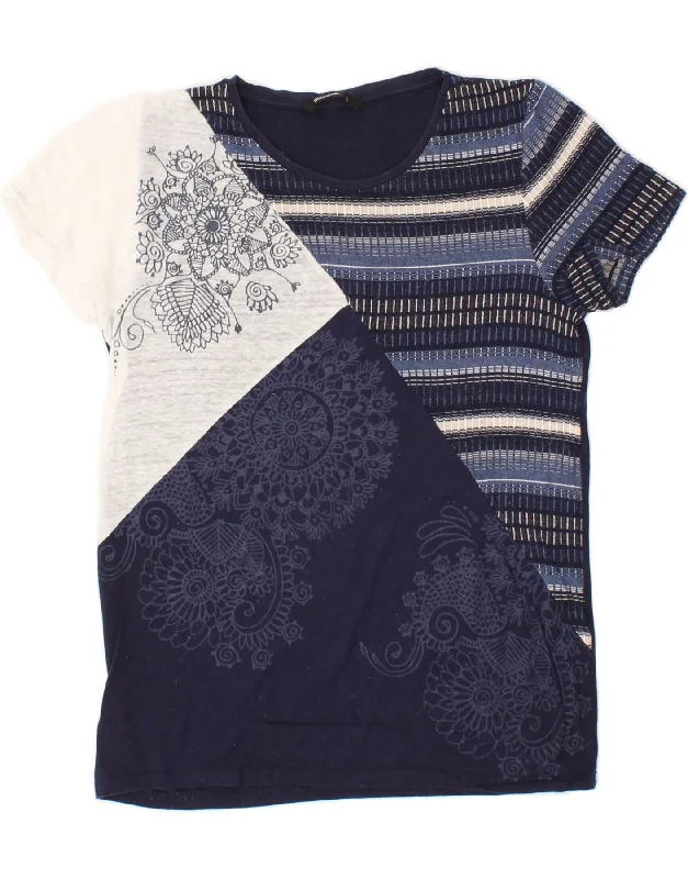 DESIGUAL Womens T-Shirt Top UK 14 Large Navy Blue Paisley Cotton Print Jacquard Patchwork