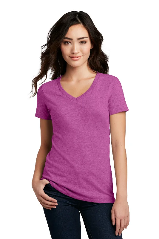 District Womens Perfect Blend Short Sleeve V-Neck T-Shirt - Heather Raspberry Pink Ribbed Striped Patterned