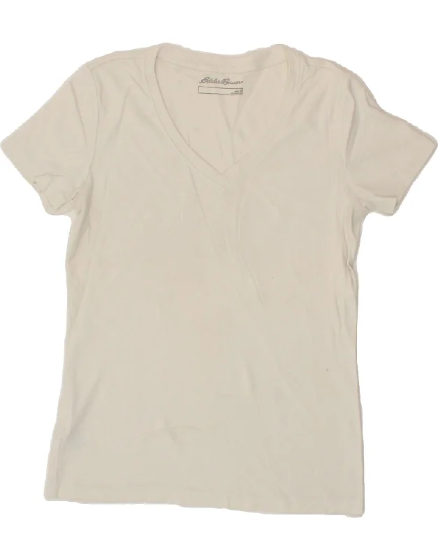 EDDIE BAUER Womens T-Shirt Top UK 12 Medium White Cotton Wool Fabric Cashmere Fabric Tweed Fabric