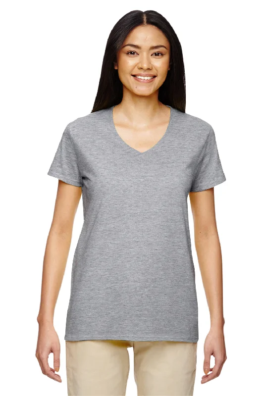 Gildan Womens Short Sleeve V-Neck T-Shirt - Sport Grey Fleece Nylon Spandex