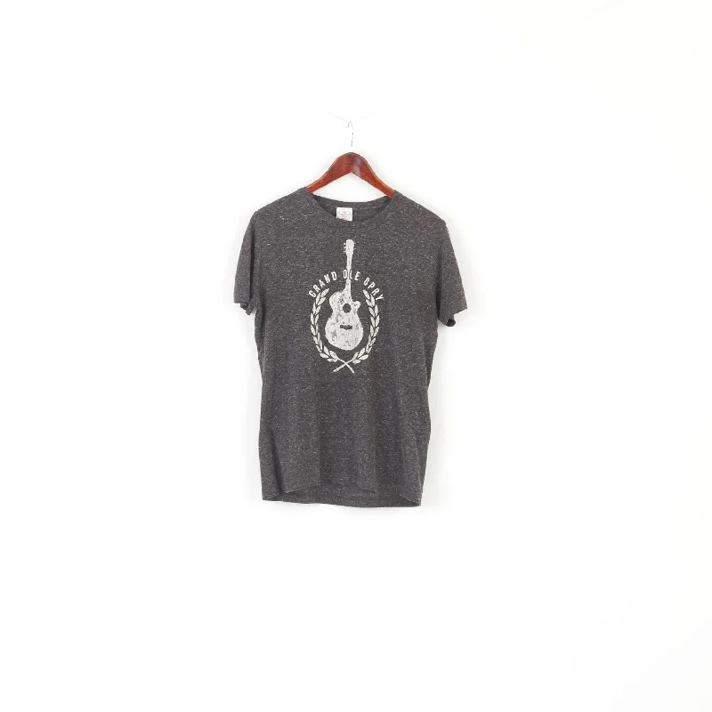 Grandole Nashville Women L T-Shirt Grey Cotton Graphic Grand Ole Opry Top Ribbed T-Shirt High Neck Heavyweight