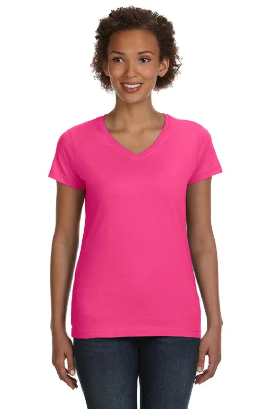 LAT Womens Fine Jersey Short Sleeve V-Neck T-Shirt - Hot Pink Oversized T-Shirt Spandex breathable