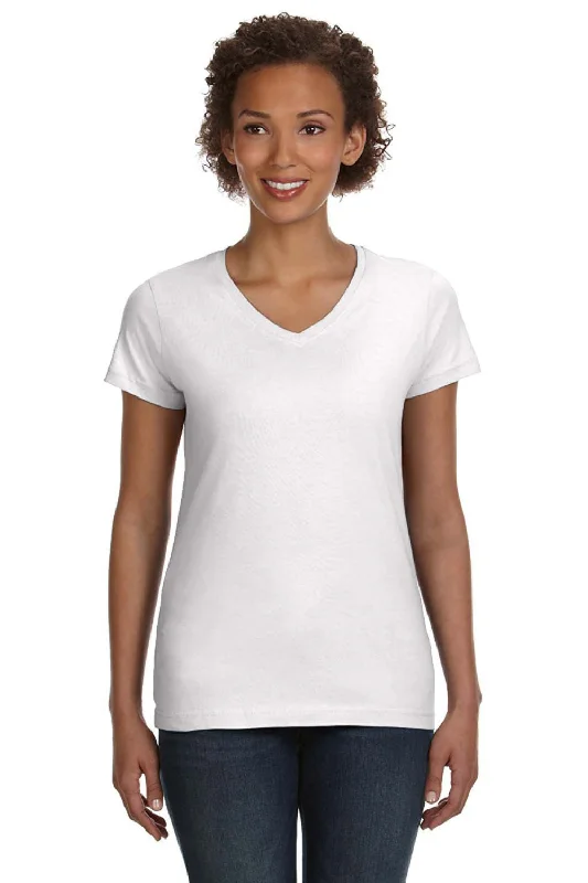 LAT Womens Fine Jersey Short Sleeve V-Neck T-Shirt - White Spandex Blend Rayon Blend Denim Blend