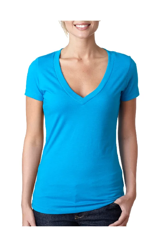 Next Level Womens CVC Jersey Short Sleeve V-Neck T-Shirt - Turquoise Blue - Closeout Plaid T-Shirt Polka Dot Checkered