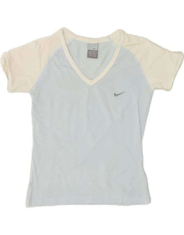 NIKE Womens T-Shirt Top UK 10/12 Medium Blue Colourblock Hooded Caped Shawl Collar