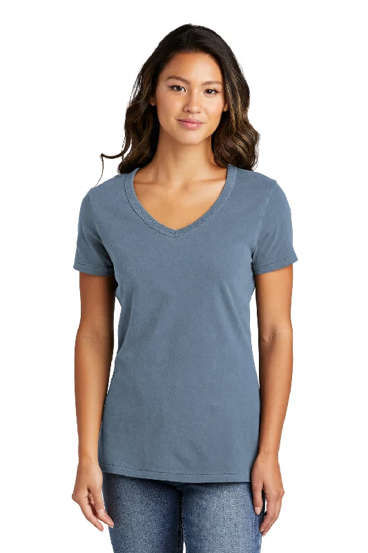 Port & Company Womens Beach Wash Garment Dyed Short Sleeve V-Neck T-Shirt - Faded Denim Blue Boxy Fit Fitted Loose