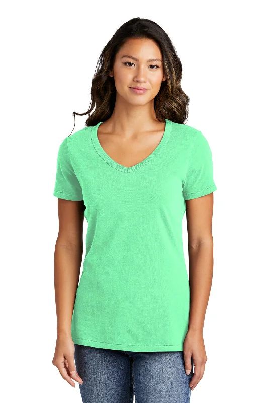Port & Company Womens Beach Wash Garment Dyed Short Sleeve V-Neck T-Shirt - Jadeite Green Asymmetrical Pockets Print
