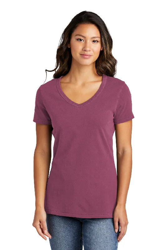 Port & Company Womens Beach Wash Garment Dyed Short Sleeve V-Neck T-Shirt - Vintage Raspberry Cotton Fabric Linen Fabric Terry Fabric