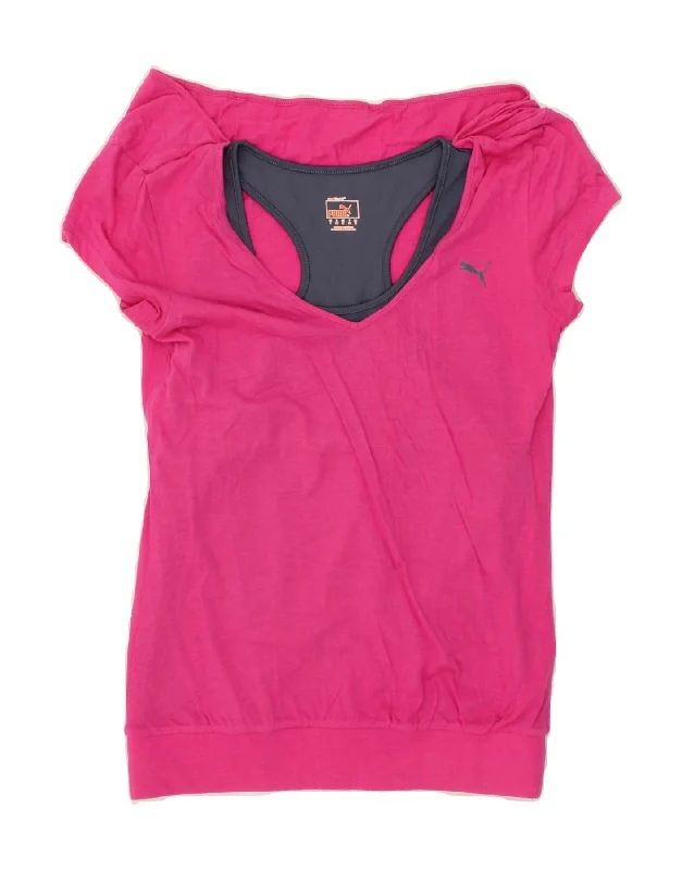 PUMA Womens T-Shirt Top UK 8 Small Pink Cotton Seamless Knitted Crochet
