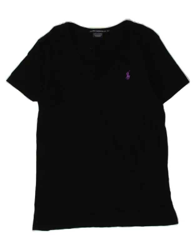 RALPH LAUREN Womens T-Shirt Top UK 14 Large Black Cotton Zippered Buttoned Snapped