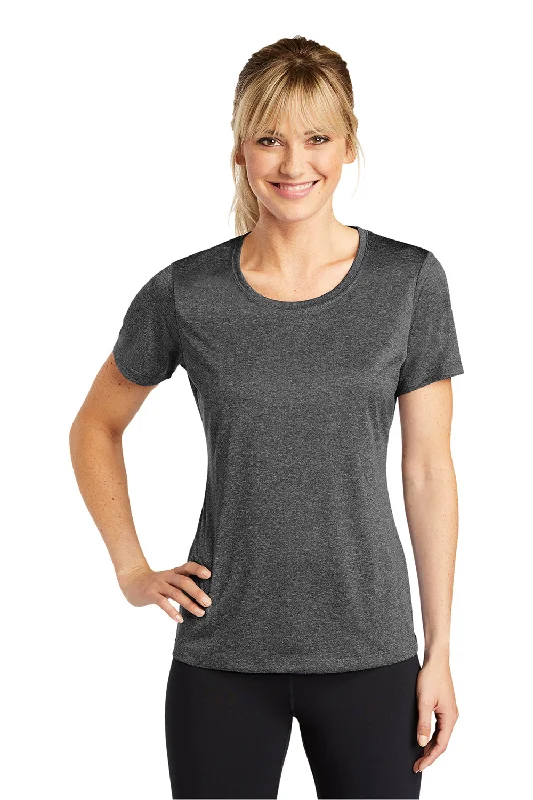 Sport-Tek Womens Contender Heather Moisture Wicking Short Sleeve Crewneck T-Shirt - Heather Graphite Grey Boxy Fit Fitted Loose