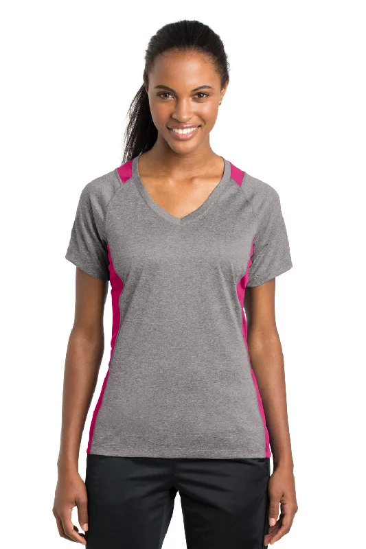 Sport-Tek Womens Contender Heather Moisture Wicking Short Sleeve V-Neck T-Shirt - Heather Vintage Grey/Raspberry Pink - Closeout Graphic T-Shirt Round Neck Polyester