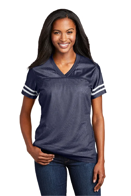 Sport-Tek Womens Short Sleeve V-Neck T-Shirt - True Navy Blue/White Anti-Pilling Machine Wash Handmade