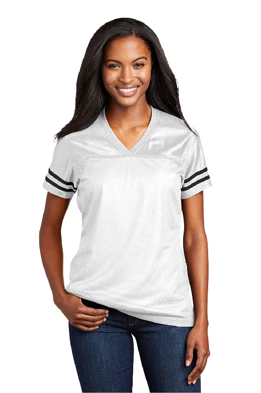 Sport-Tek Womens Short Sleeve V-Neck T-Shirt - White/Black Chenille Blend Fleece Blend Nylon Blend