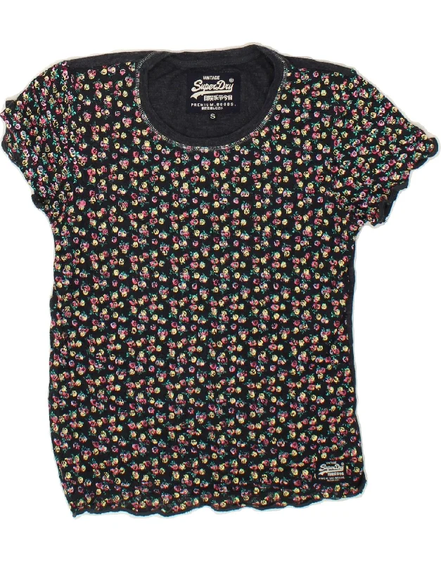 SUPERDRY Womens T-Shirt Top UK 10 Small Grey Floral Striped Floral Plaid