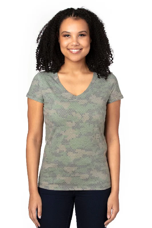 Threadfast Apparel Womens Ultimate Short Sleeve V-Neck T-Shirt - Hex Green Camo Zippered Front Buttoned Front Snap Front