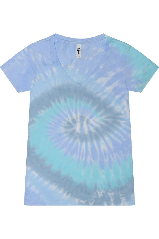 Tie-Dye Womens Short Sleeve V-Neck T-Shirt - Lagoon Fleece Fabric Down Fabric Feather Fabric