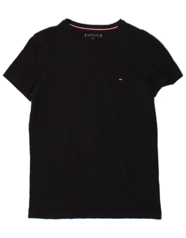 TOMMY HILFIGER Womens T-Shirt Top UK 12 Medium Black Cotton Mesh Blend Leather Blend Suede Blend
