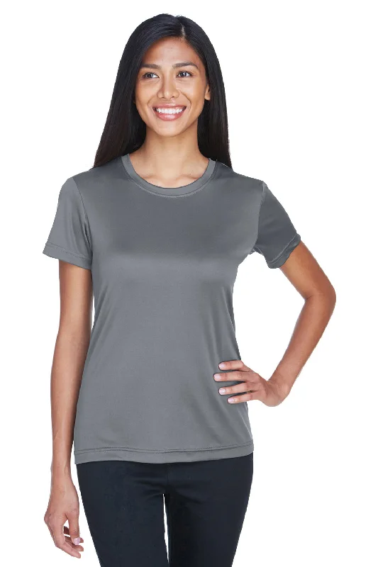 UltraClub Womens Cool & Dry Performance Moisture Wicking Short Sleeve Crewneck T-Shirt - Charcoal Grey Front Pockets Side Pockets Patch Pockets