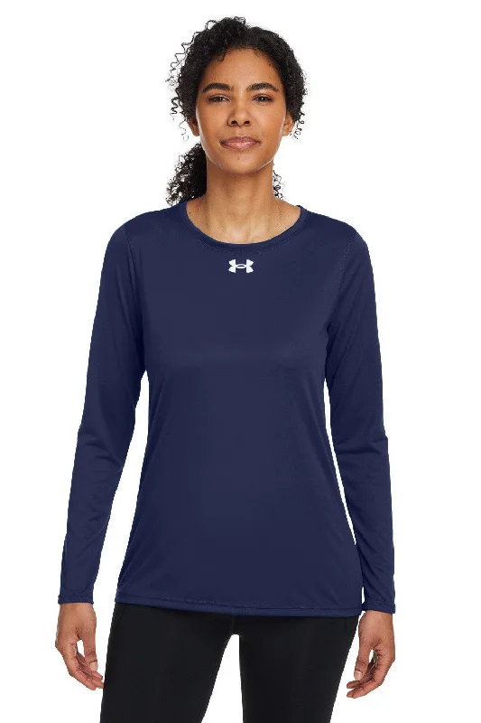 Under Armour Womens Team Tech Moisture Wicking Long Sleeve Crewneck T-Shirt - Midnight Navy Blue Spandex Blend Rayon Blend Denim Blend