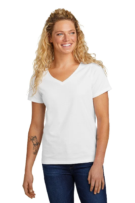 Volunteer Knitwear Womens USA Made Daily Short Sleeve V-Neck T-Shirt - White Front Pockets Side Pockets Patch Pockets