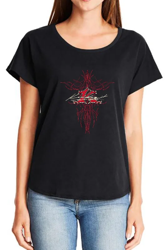 Women's Red Pinstripe New Relaxed T-Shirt Machine Wash Dry Clean Hand Wash