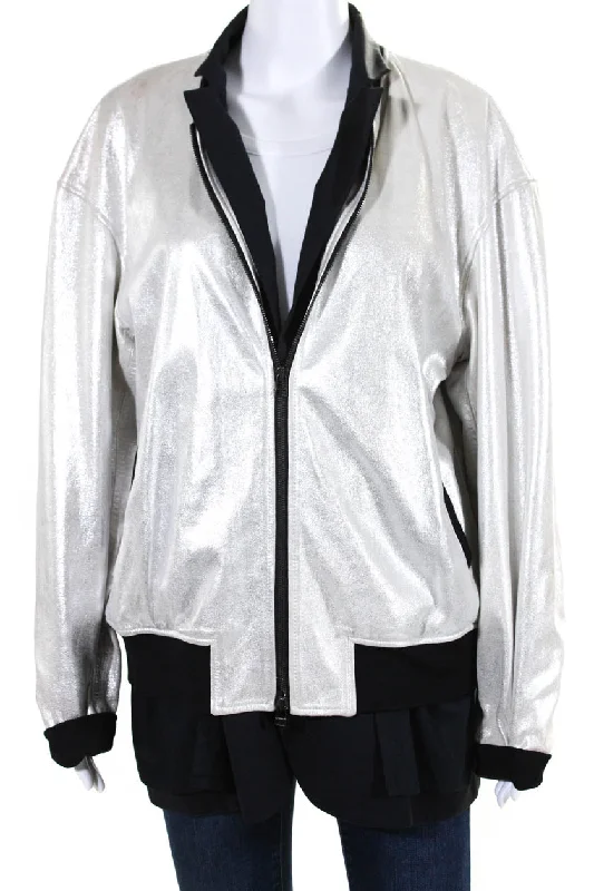 3.1 Philip Lim Silver Leather Bomber Jacket Jersey Jacket Tulle Jacket Batik Jacket