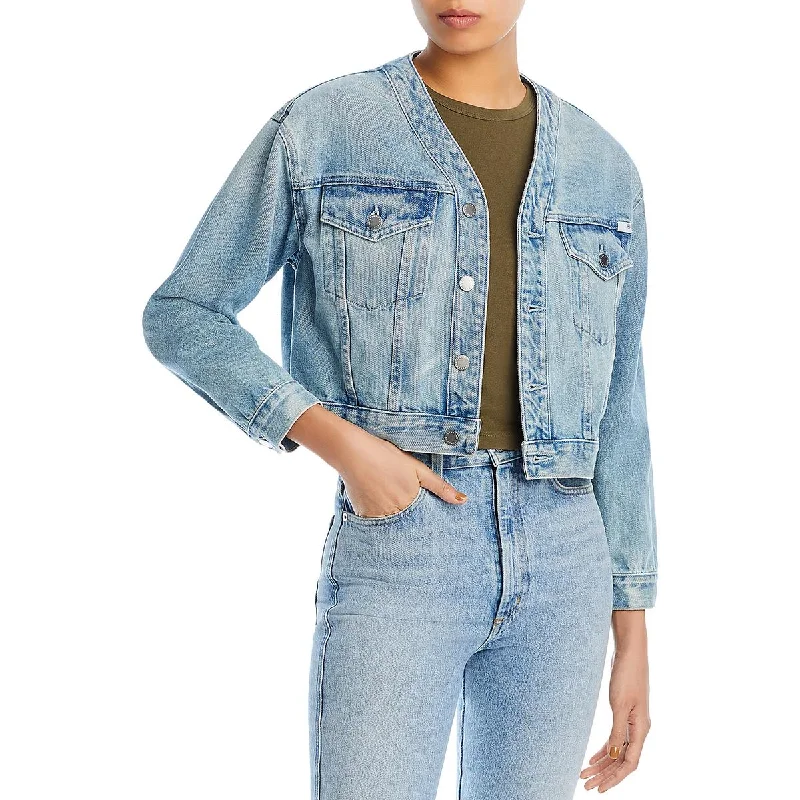 Adriano Goldschmied Womens Collarless Cropped Denim Jacket Stand-Up Collar Roll-Neck Collar Turtle Neck