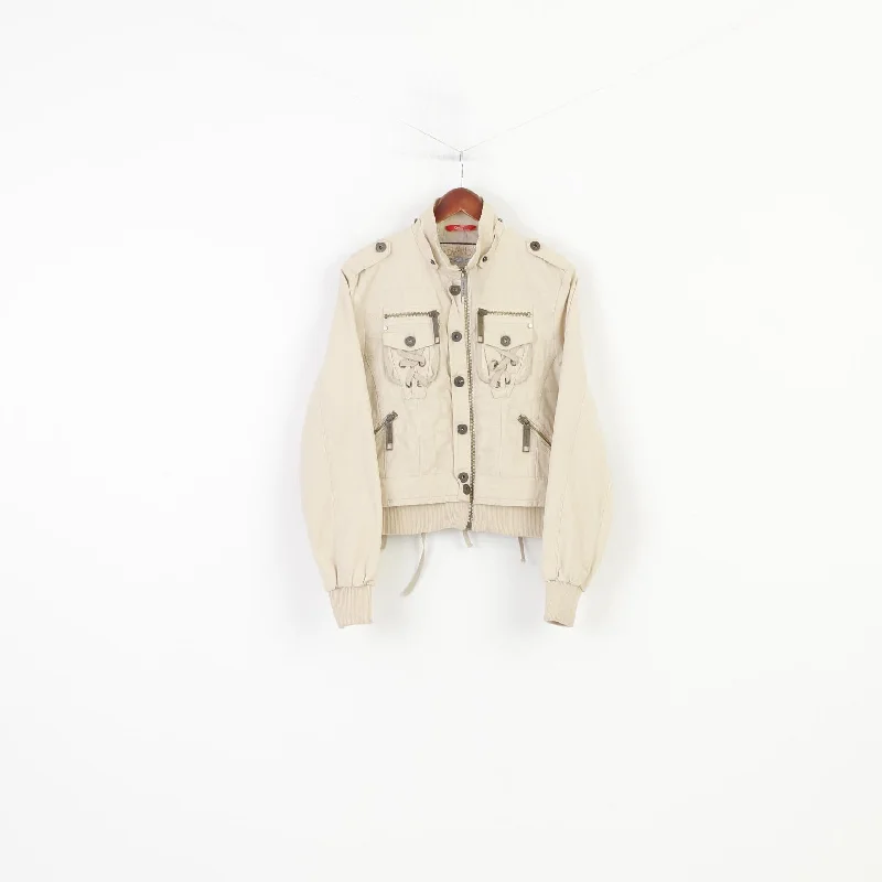 ADV by Advance Women XL M Jacket Beige Cotton Detailed  Full Zipper Laces Vintage Top Nylon Jacket Polyester Jacket Spandex Jacket