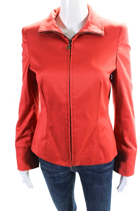 Akris Punto Womens Crew Neck Full Zipper Jacket Coral Orange Cotton Hooded Jacket Caped Jacket Shawl Collar Jacket