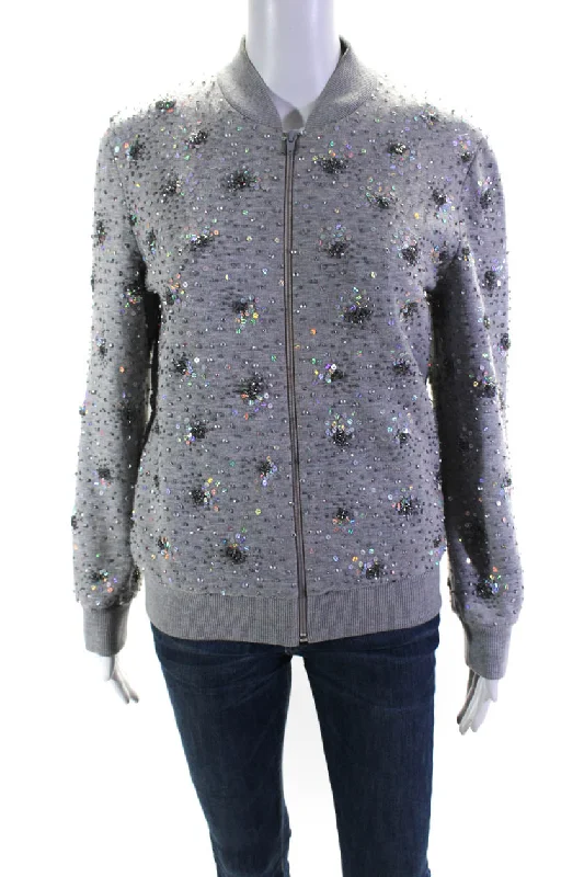 Ashish Womens Gray Sequins Beaded Long Sleeve Cotton Bomber Jacket Satin Fabric Silk Fabric Chiffon Fabric